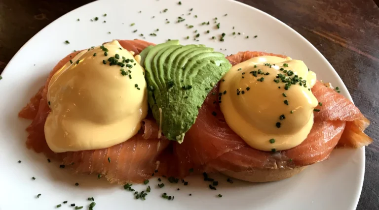 Poached eggs with hollandaise, smoked salmon and sliced avocado on toast, photographed in Amsterdam