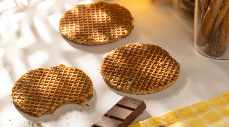 Dutch stroopwafels on a sunlit table, illustrating local sweet specialities