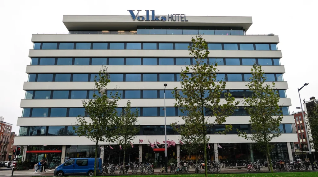 Volkshotel facade on Wibautstraat in Amsterdam, home to Canvas