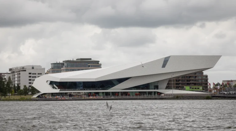 Angular white EYE Filmmuseum building on the north bank of the IJ in Amsterdam, viewed across the water in daylight