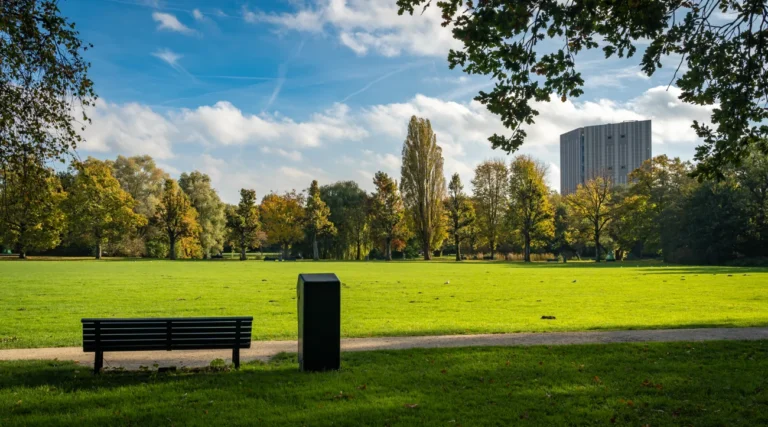 Sunlit lawn, a bench and autumn trees in Flevopark, Amsterdam