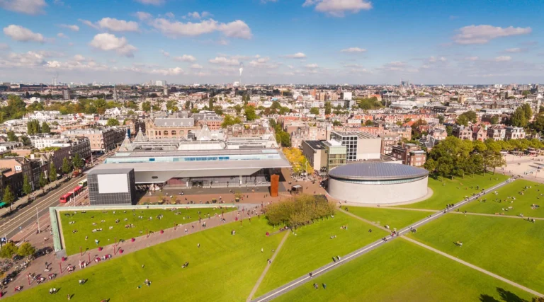 Aerial view of Museumplein&rsquo;s lawns and museums in Amsterdam&rsquo;s Museum Quarter