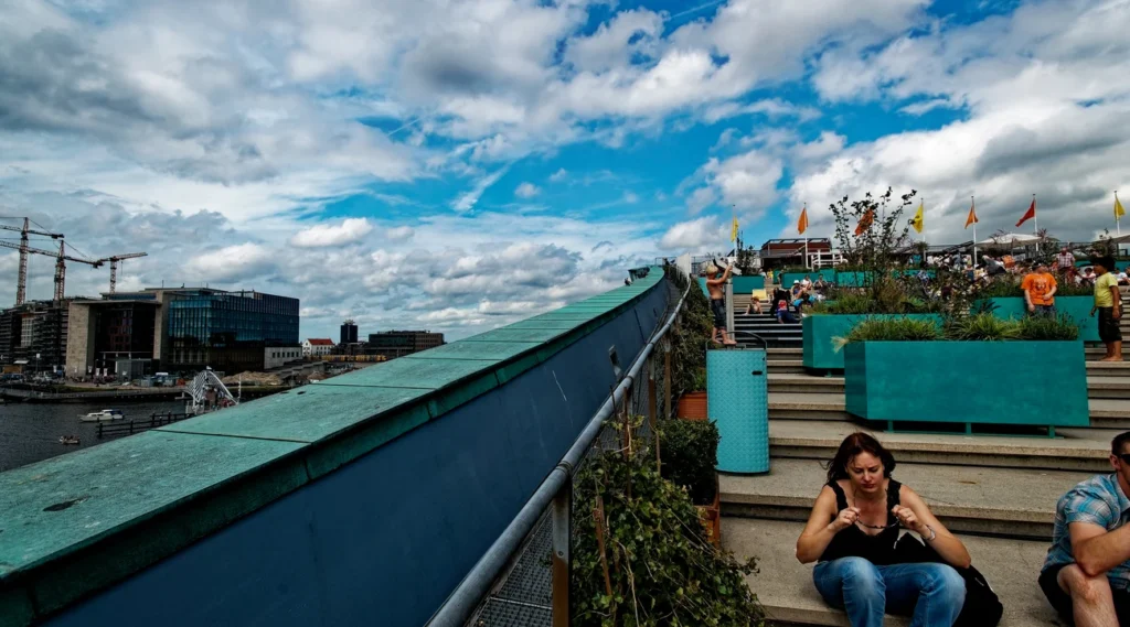 Visitors on the sloping outdoor roof of NEMO Science Museum in Amsterdam