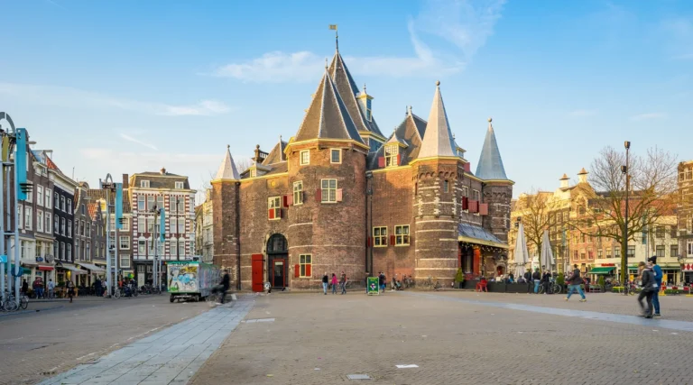 De Waag and surrounding historic buildings on Nieuwmarkt square in Amsterdam