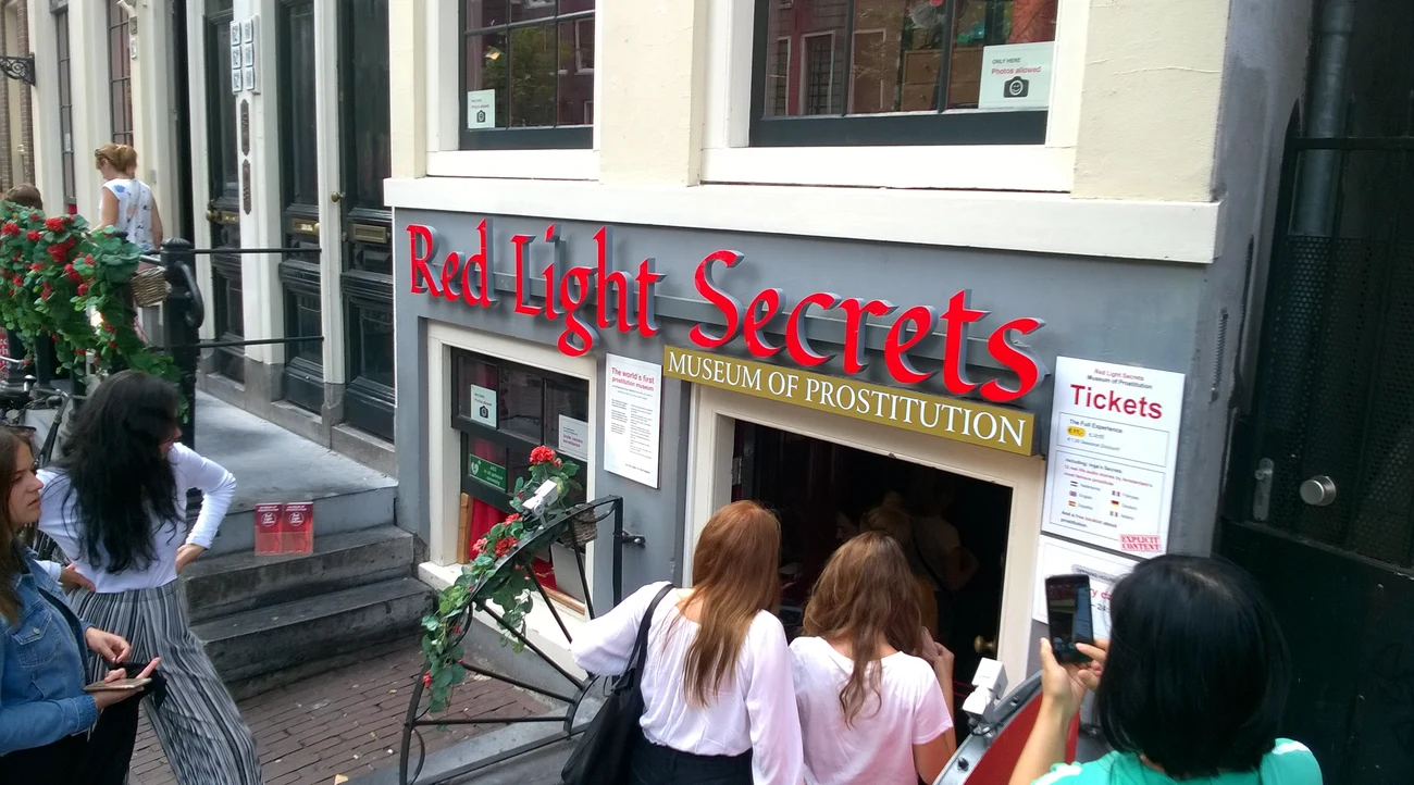 Daytime entrance to Red Light Secrets Museum of Prostitution on Oudezijds Achterburgwal in Amsterdam