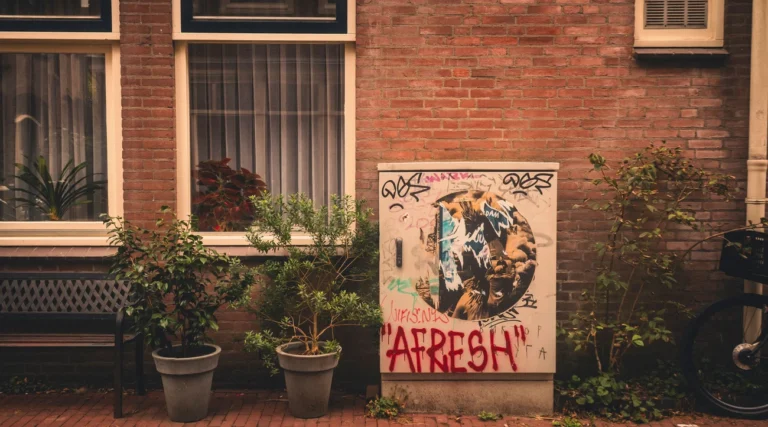 Colorful graffiti on a building facade in Amsterdam with urban plants and street art charm.