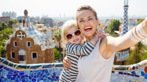 Mom and daughter at Park Guell in Barcelona